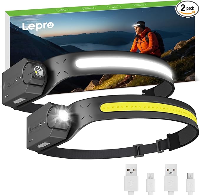 Lepro LED Headlamp Rechargeable - Super Bright Motion Sensor Head lamp with 1200 mAh Battery, 230°COB Wide Beam & Adjustable Spotlight, IP44 Waterproof Headlight for Camping, Hiking, Running, 2 Pack