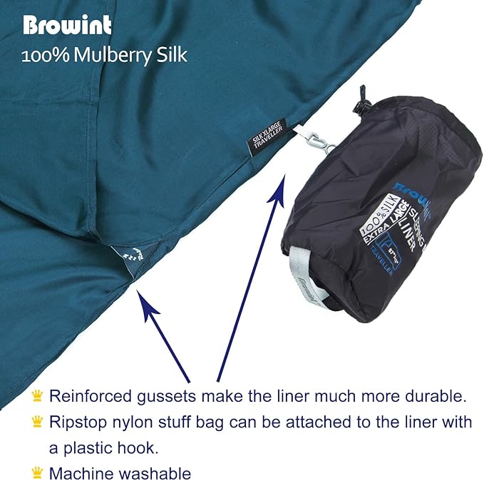 BROWINT Silk Sleeping Bag Liner, Silk Sleep Sack, Extra Wide 87"x43", Lightweight Travel Sheet for Hotels, More Colors for Option, Reinforced Gussets