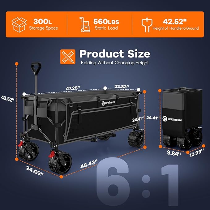 48" L Collapsible Wagon Cart Foldable, 560LB Weight Capacity 300L Heavy Duty Folding Beach Wagons with Big All-Terrain Wheels, Utility Carts for Groceries, Shopping, Camping, Sports - Grey&Black