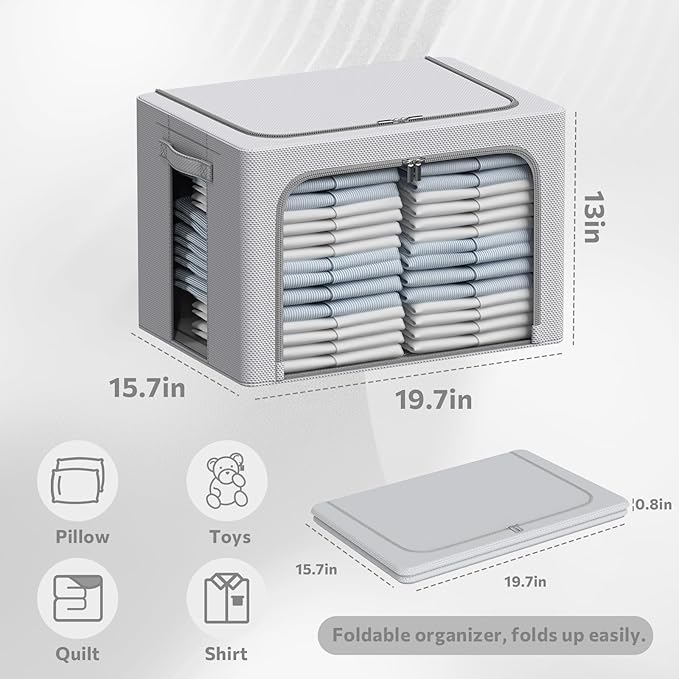 3Pack Frame Storage Box - Clothes Storage Bin Bags Oxford Fabric Foldable Stackable Container Organizer Set with Clear Window & Carry Handles Large Capacity (Grey, Large-66L)