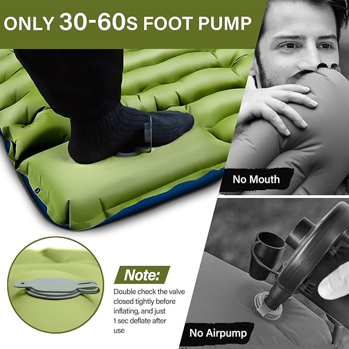 Camping Sleeping Pad, Ultralight Camping Mat with Pillow, Built-in Foot Pump Inflatable Sleeping Pads Compact for Camping Backpacking Hiking Traveling Tent,Single,Green.