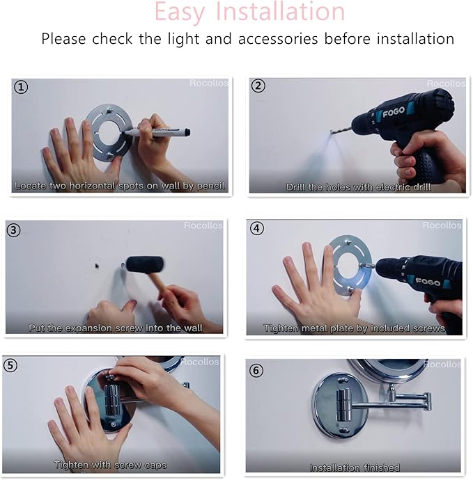 Rocollos Rechargeable Wall Mounted Lighted Makeup Mirror Chrome, 8 Inch Double-Sided LED Vanity Mirror 1X/10X Magnification,3 Color Lights Touch Screen Dimmable 360°Swivel 13 Inch Extendable