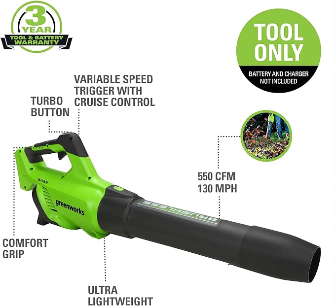 Greenworks 40V (130 MPH / 550 CFM / 75+ Compatible Tools) Cordless Brushless Axial Leaf Blower, Tool Only