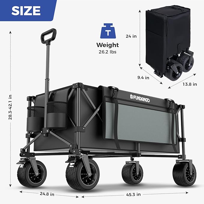 FUNDANGO 600lbs Heavy Duty Wagon, Foldable Beach Collapsible Wagons Garden Cart with Brakes, Side Pockets & All-Terrain Big Wheels for Sports Camping Shopping Groceries, Black