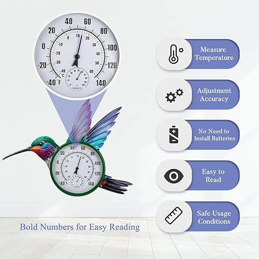 Large Outdoor Thermometer, Hummingbird Wall Thermometers Hygrometer No Need Battery, Retro Sun Outside Thermometer Decoratibve for Backyard, Garden, Living Room