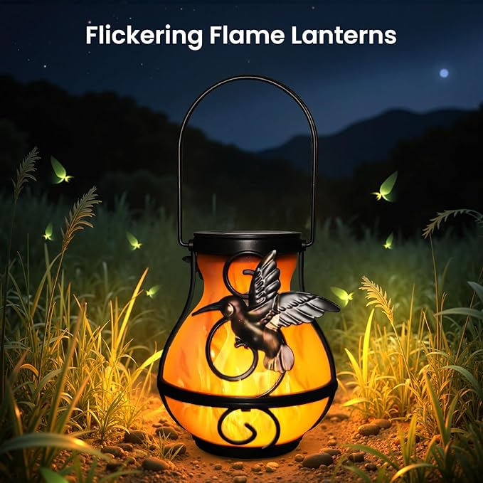 X-PREK 2 Pack Solar Lanterns Outdoor Waterproof Hummingbird Hanging Solar Lantern Flickering Flame Lights Solar Powered Lamps Garden Patio Porch Decoration