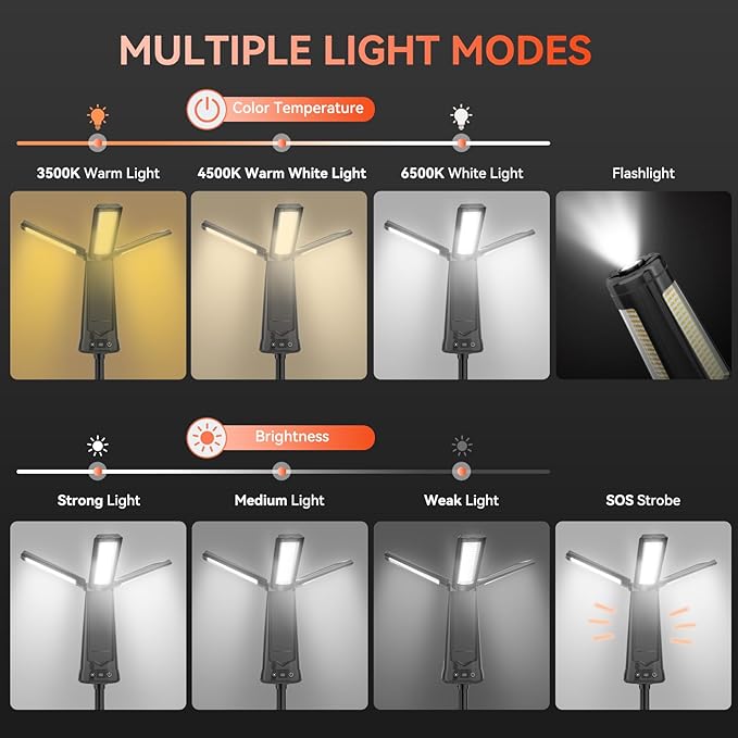 Rechargeable Camping Light with Stand, 15000 mAh Cordless Work Light with 3 LED Lamp Heads, 5500 Lumens Dimmable Camping Essentials Gear Emergency Flashlight with 86" Detachable Tripod, Black