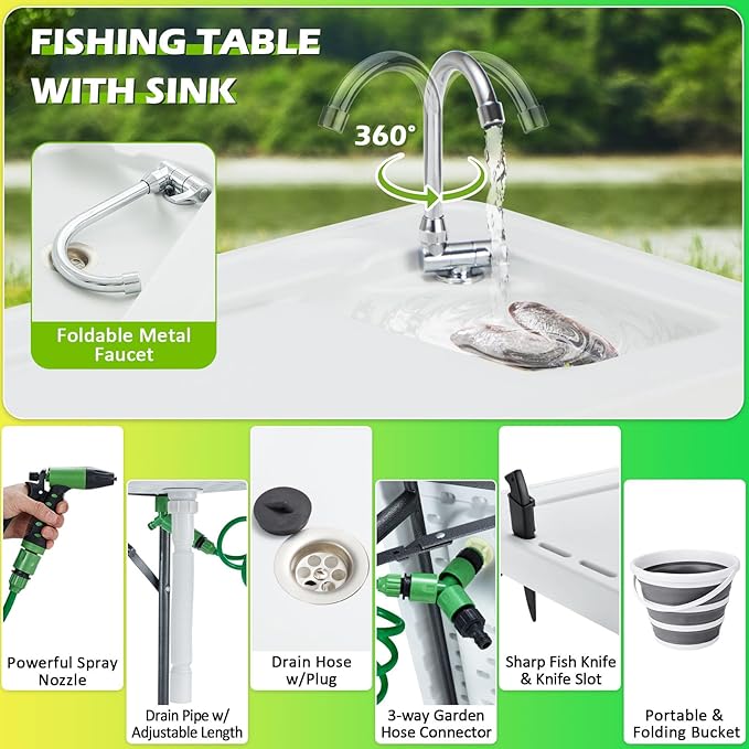 Folding Fish Cleaning Table with Collapsible Bucket, Portable Outdoor Fillet Station Camping Sink Table with Faucet, Drainage Hose & Sprayer, Grid Rack, Knife Groove for Picnic Fishing