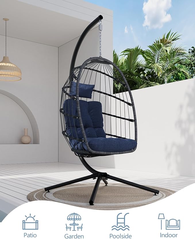 SWITTE Egg Chair Outdoor with Stand, Indoor Wicker Hanging Egg Swing Chair with Cushion, 350lbs Capacity for Patio, Bedroom, Garden - Dark Blue