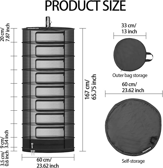 Herb Drying Rack Hanging Mesh Net，8+1 Layer Plant Drying Rack with Door-Type Zipper & Closed Storage Compartment for Folding Basket Dryer Fit in Grow Tents、Garden Outdoor