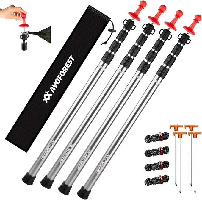 Tarp Poles Heavy Duty Adjustable, AVOFOREST Aviation Aluminum 8.7FT Tent Poles Lengthen and Thicken with Protection Cap Awning Poles Set of 4 for Hiking Silver