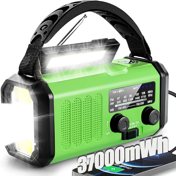 Hand Crank Emergency Radio,37000mWhSolar Powered Hand Crank Portable NOAA AM FM Weather Radio with 3Mode Flashlight and Reading Light,Cell Phone Charger,Home and Emergency Distress Signal (Green)