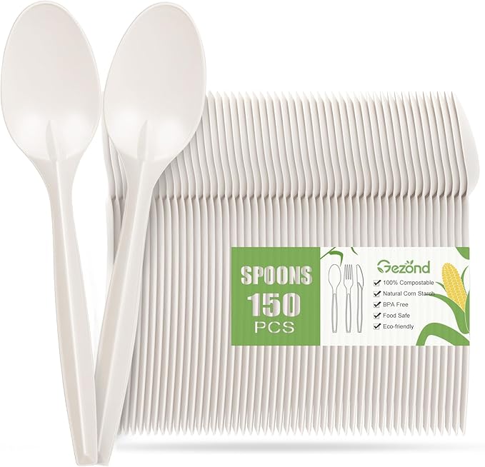 Gezond Compostable Spoons 150 Pack 6.7 Inch Disposable Spoons No Plastic Biodegradable Cutlery Set Heavy-duty for Party Wedding Camping Office Picnic