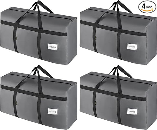 4 Pack Moving Bags Heavy Duty Extra Large 90L, College Packing Bags for Moving Clothes, Moving Supplies & Boxes with Zippers and Handles, Storage Bags Moving Totes Camping Essentials (Grey)