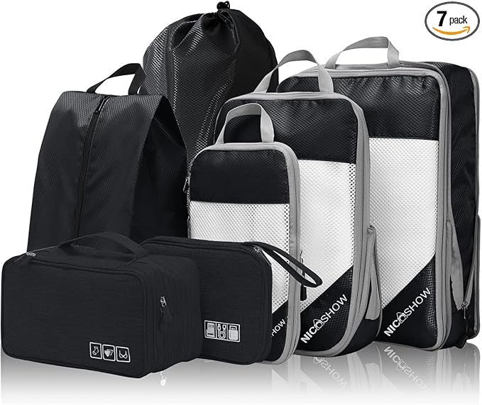 7 Set Compression Packing Cubes for Travel - Compressible, Lightweight, and Space-Saving Packing Cubes, Travel Essentials for Women, Black