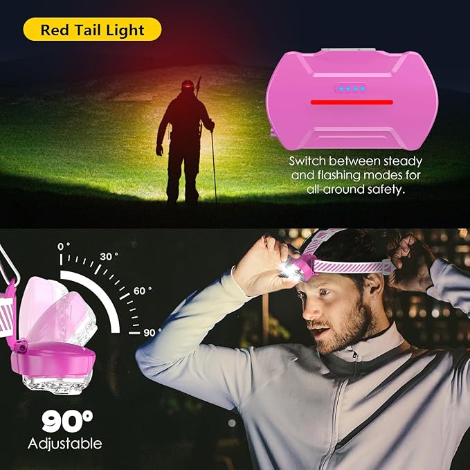 Rechargeable Headlamp, High Lumen Bright 5 LED Head Lamp with Red White Light,IPX4 Waterproof Headlight,8 Mode Head Flashlight for Outdoor Running Hunting Fishing Hiking Camping Gear-Pink