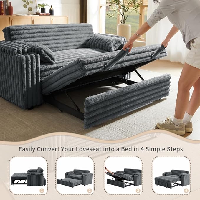 68.11" Corduroy Convertible Sofa Bed with USB Charging Port, Foldable Sleeper Chair with Pillows & Armrests, 3-in-1 Floor Couch for Living Room, Bedroom, Guest Room – Dark Gray