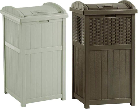 Suncast 33 Gallon Trash Hideaway Easy Assembly Durable Plastic Garbage Container with Wood Look Design, 1 Beige and Brown (2 Pack)