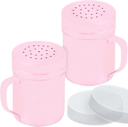 CUSINIUM 6oz Pink Stainless Steel Salt Pepper Dredge Shakers - With Plastic Cap - With Handle - Pack of 2