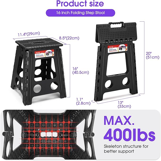 ACSTEP 16 Inch Folding Step Stool for Adults and Kids, Non-Slip Plastic Foldable Stepping Stool, Collapsible Folding Stool with Handle Holds Up to 400lbs for Kitchen, Dot Black (1 Pack)