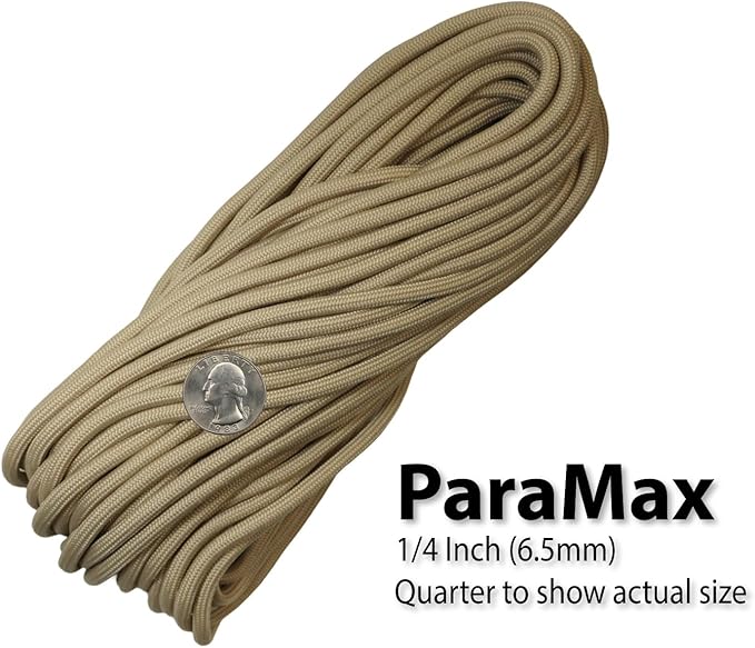 1/4" ParaMax Paracord 100 ft – 1000 lb Type IV Rope for Dog Leashes, Camping, Kayak Anchor - Made in USA - Light Tan