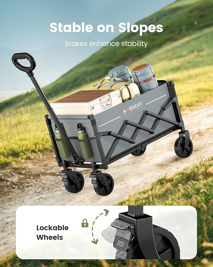 Small Wagon Cart Foldable, Collapsible Wagon with 360 LBS Max Load & Expandable Storage, 90L Foldable Grocery Cart with 2 Cup Holders for Outdoor, Garden, Camping &Groceries-Grey