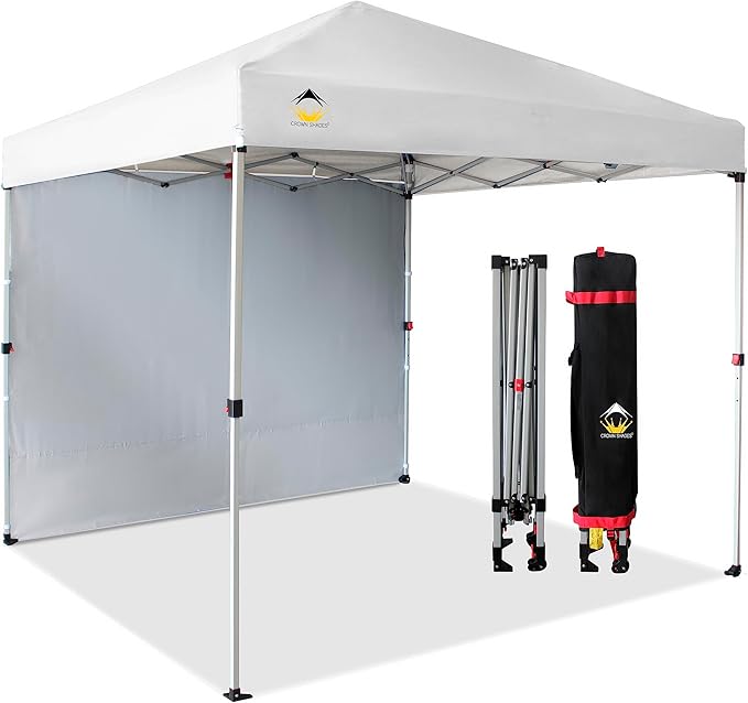 CROWN SHADES 8x8 Pop Up Canopy with 1 Side Wall - Beach Tent with One Push Setup - Outdoor Sun Shade for Events, Parties, Camping - Gazebo with STO-N-Go Cover Bag (White)