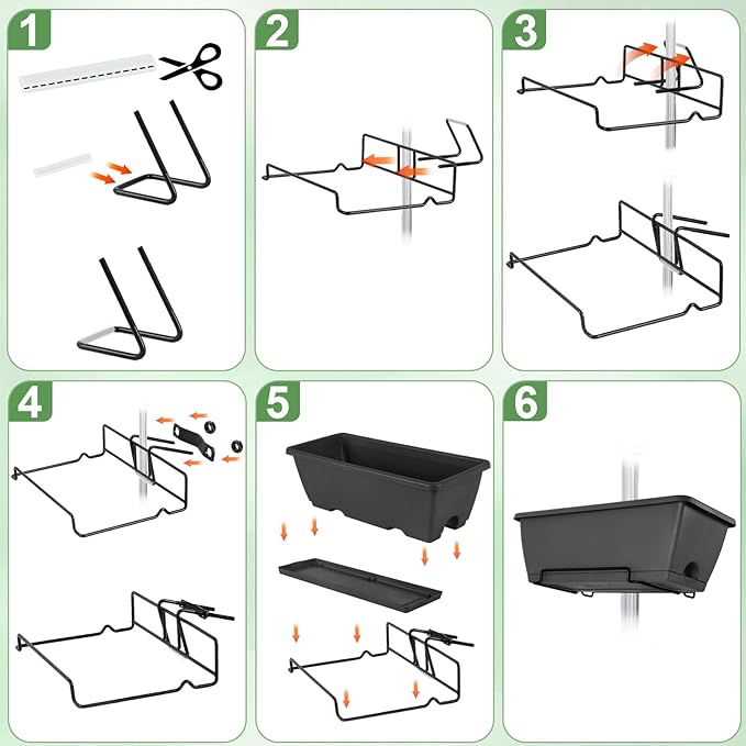 HAITRAL Hanging Planters for Outdoor Plants,Deck Railing Planter Boxes Countryside Style Window Boxes Planters, Balcony Flower Pots Plastic Railing Planter with Metal Brackets for Fence,Black 6 Pcs