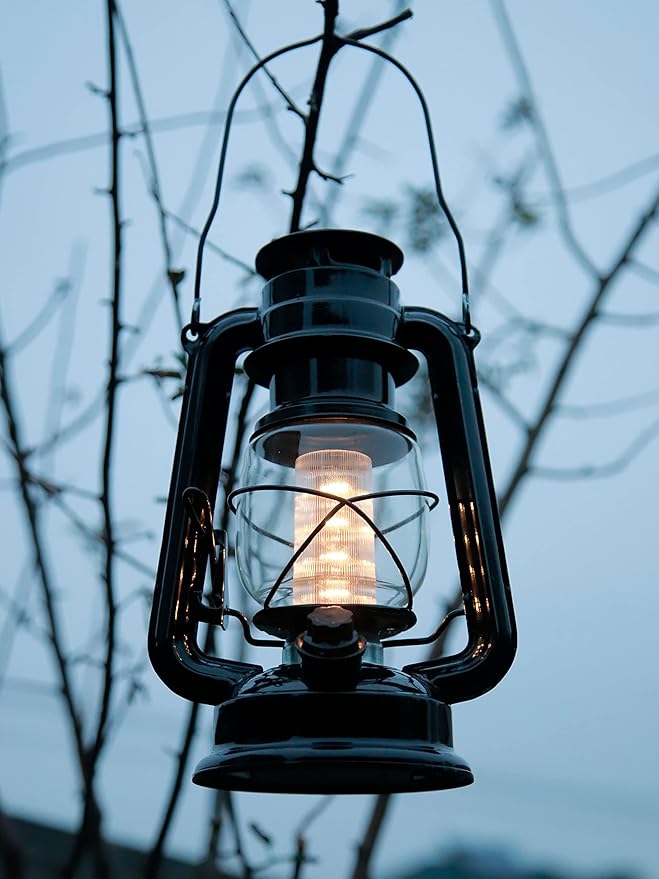 YAKii LED Vintage Lantern Metal Hanging Hurricane 12 LED Dimmer Switch Warm White Battery Operated Power Outage Indoor Camping Lighting Outdoor Brooklyn Decoration(Black)