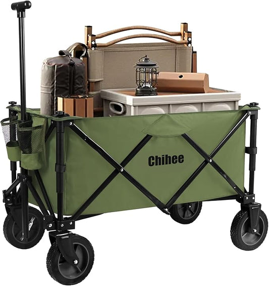 Chihee Folding Beach Wagon Cart Garden Cart Heavy-Duty with 2 Cup Holders,Camp Cart for Gimballed Wheels with Braking System Large Capacity Removable Fabric,for Sporting Events,Camping,Beach Trips