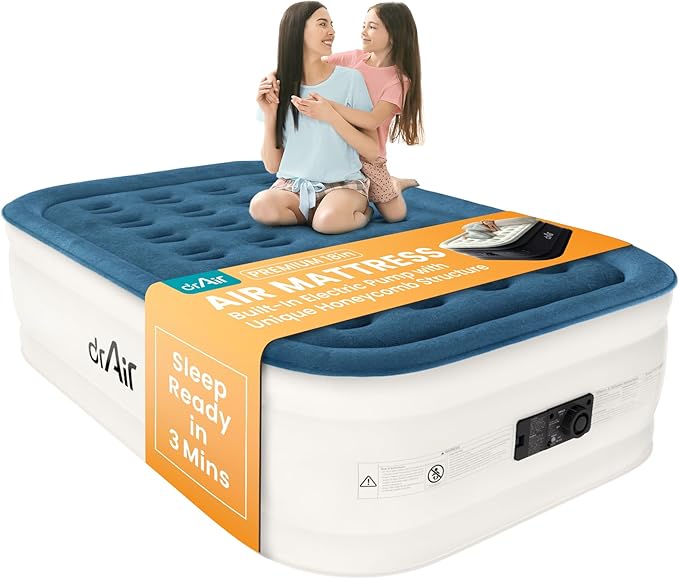 Full Air Mattress, 18” Raised Inflatable Bed with Built-in Pump, Waterproof Velvety Top, Ergonomic Design, Reinforced Support, and Carry Bag for Home, Camping, and Guests
