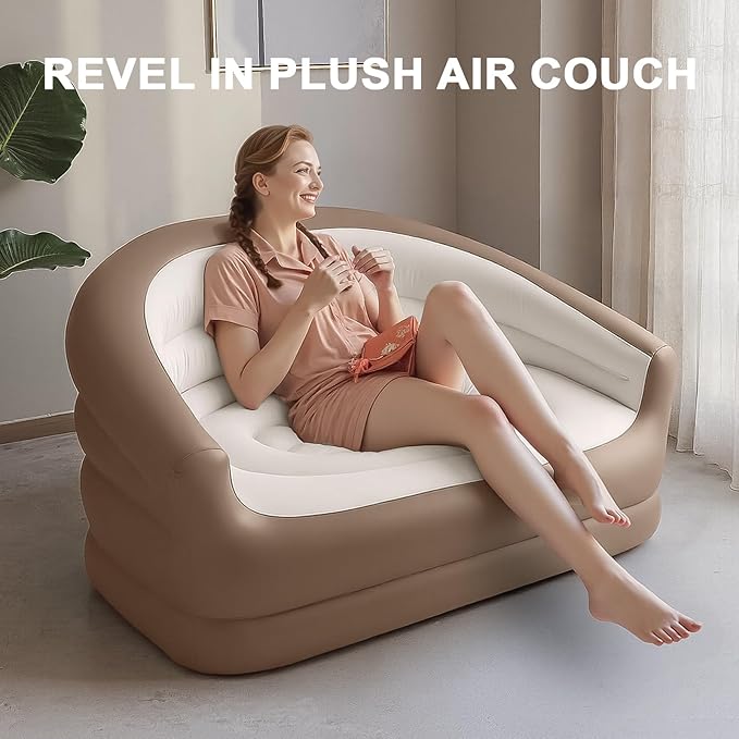 Twin Size Air Mattress Inflatable Sofa，Double Inflatable Chair for Adults-Flodable Blow Up Couch Lounger-Portable Air Sofa for Indoor Living/Tent Camping/Outdoor Activitie（Cream）