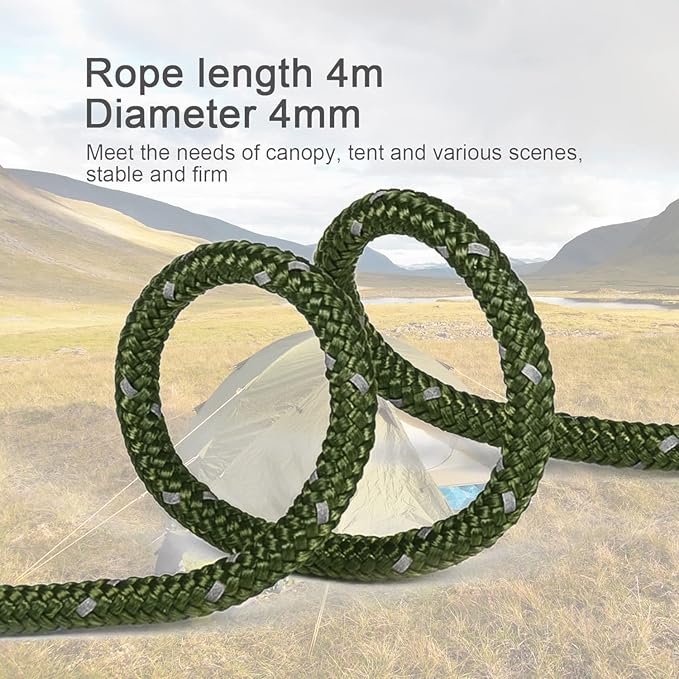 8 Pack 4mm Guy Lines Ultralight Tent Cords with Aluminum Adjuster Tensioner Outdoor Camping Guylines Ropes for Tent Tarp,Climbing,Hiking Backpacking (Army-Green)