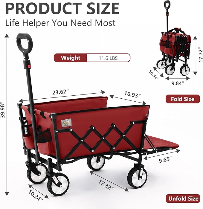 Folding Wagon Cart with Wheels and Tailgate, 330 lbs 120 l Capacity, Adjustable Handle, Portable Collapsible Utility Wagon Cart for Groceries, Outdoor Camping, Shopping, Garden (Red)