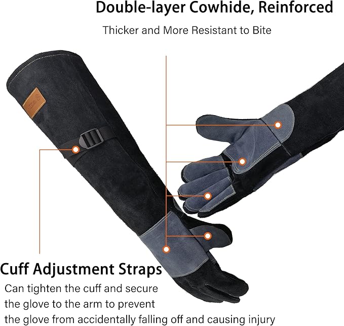 23.6 In Leather Welding Gloves for Animal Handling,Grabbing Reptile, Grooming,Trips to Vet,BBQ,Fireplace.Puncture & Scratch Resistant, Bite Proof for Cat Dog Bird Falcon Livestock Snake XL Black