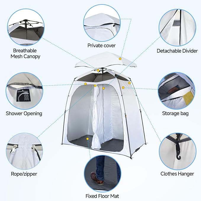 EighteenTek Shower Tent Camping, 2-Room Portable Changing Room, Outdoor Shower Enclosure, Pop Up Privacy Tent Shelter with Floor & Doors, Waterproof & Lightweight, Camping Toilet Bathroom