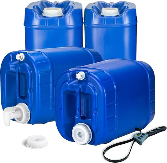 Emergency Water Storage Containers - 5 Gallon Each Water Storage Tank w/Lids + Spigot - Water Storage Container, Emergency Water Container, Survival Storage Tank - Stackable (20 Gallons (4 Tanks))