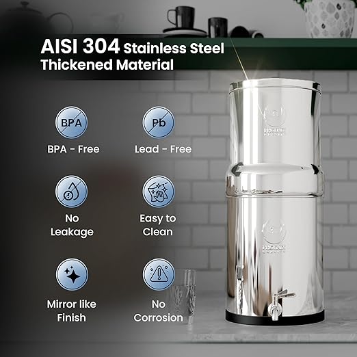 3.25 Gallons NSF Certified AISI 304 Stainless Steel Water Filter with 2 Smart Carbon (Black) Filters, 2 POSTreat Steel Fluoride Removal Elements, Free Steel Stand & Water Spigot