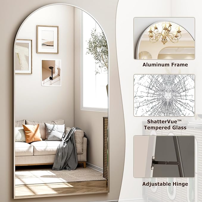Oversized Full-Body Mirror, 77" x 38" Arched Full-Length Mirror, Silver Metal Frame, Floor Mirror for Bedroom, Living/Dressing Room, Gym - Stand/Wall Mounted/Leaning