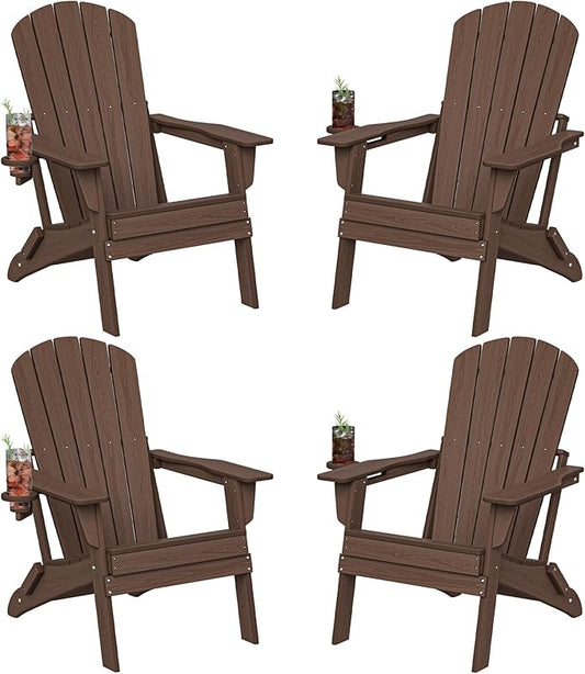 Folding Adirondack Chair Set of 4, Cup Holder，Wooden Textured ，Heavy All-Weather HDPE Comfortable Set Poolside Backyard Lawn Coffee