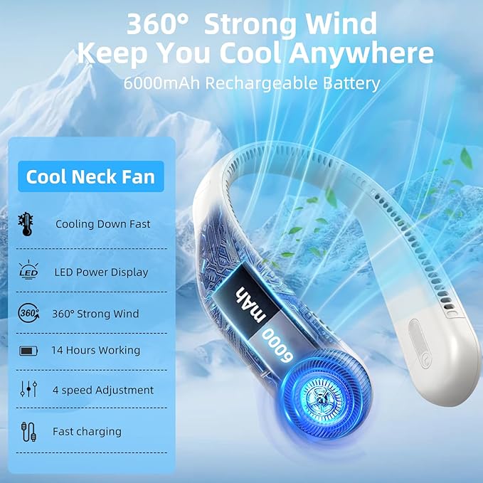 Portable Neck Fan,Gift Ideas,Personal Wearable Bladeless Fan,360° Cooling,LED Display,4-Speeds,6000mAh Rechargeable,Powerful Wind,Outdoor Travel Camping,Birthday Gifts for Men Women (Light grey)