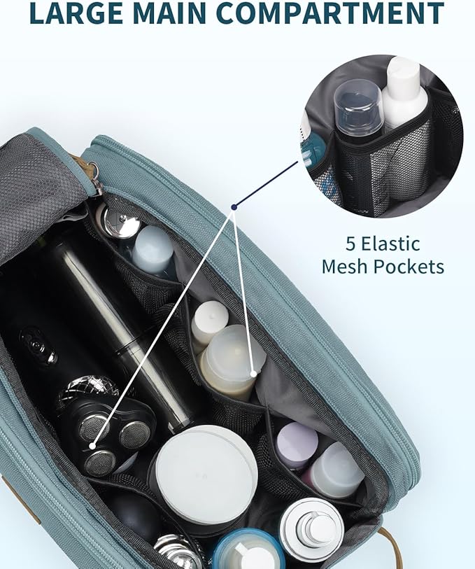 WANDF Toiletry Bag for Men Travel Toiletry Organizer Canvas and Leather Dopp Kit Water-Resistant Shaving Bag for Travel Accessories (Pale Blue, Large)