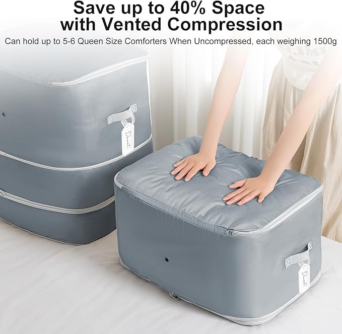 Comforter Storage Bag - 130L Large Capacity Blanket Storage Bags 3-Layer Ultra Space Saving Self Compression Organizer, Washable Compression Bags for Storage Comforter Blanket, 4-Pack, Grey
