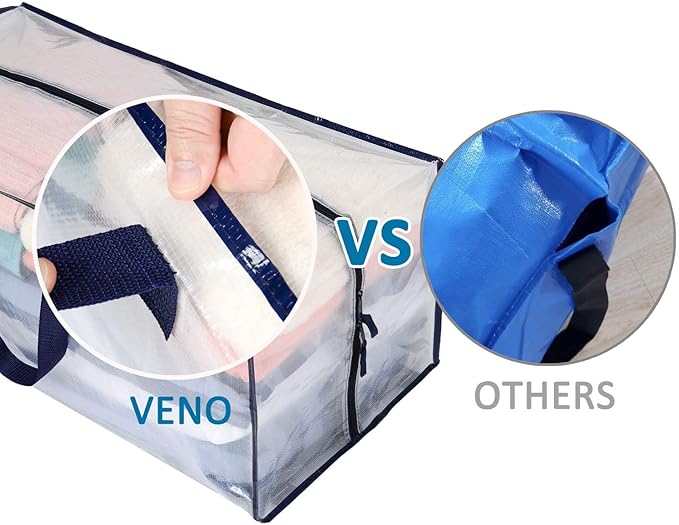 VENO 6 Pack Moving Bags w/Backpack Straps, Heavy Duty, Moving Boxes Alternative, Packing Supplies, Large Storage Totes for Dorm Room Essentials with Zipper for Clothes (Clear, 6 Pack)