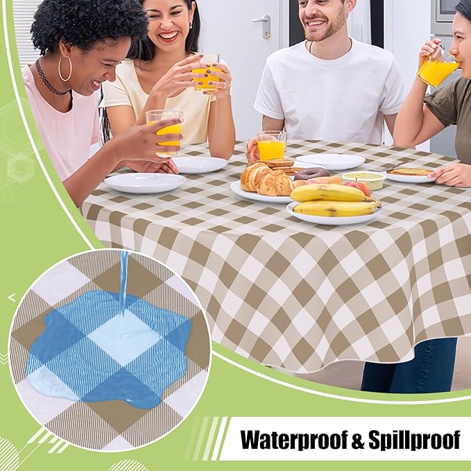 Smiry Round Plastic Table Cloth, Waterproof Vinyl Tablecloth with Flannel Backing, Wipeable Buffalo Plaid Table Cover for Dining, Indoor and Outdoor (Khaki & White, 60" Round)