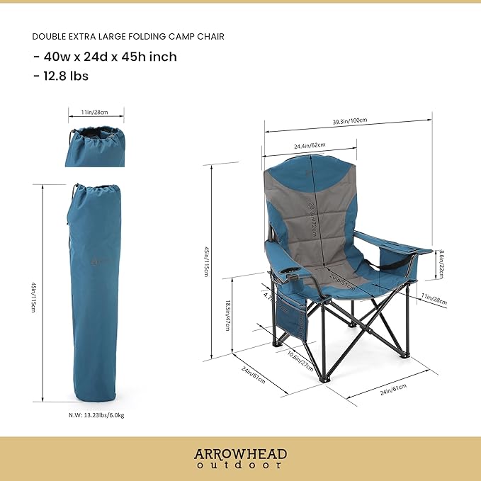 ARROWHEAD OUTDOOR 2-Pack Oversized XXL Portable Folding Camp Chair w/Glass & Cup Holders, Armrest Cooler, Heavy Duty Carry Bag, 600 lbs Weight Capacity