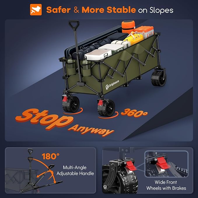 48" L Collapsible Wagon Cart Foldable, 560LB Weight Capacity 300L Heavy Duty Folding Beach Wagons with Big All-Terrain Wheels, Utility Carts for Groceries, Shopping, Camping, Sports - Green