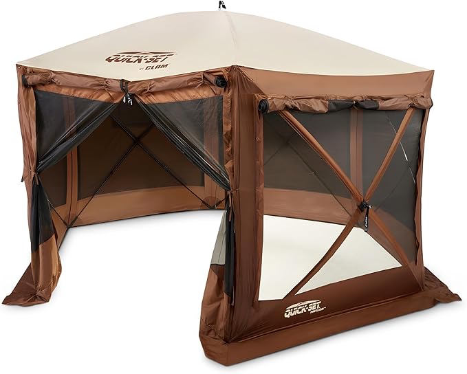 CLAM Pop Up Screen Tent, Outdoor Camping Gazebo Canopy, Pavilion, 12.5', Brown - Heavy-Duty Portable Screened Shelter with Netting for Beach, Patio, and Backyard