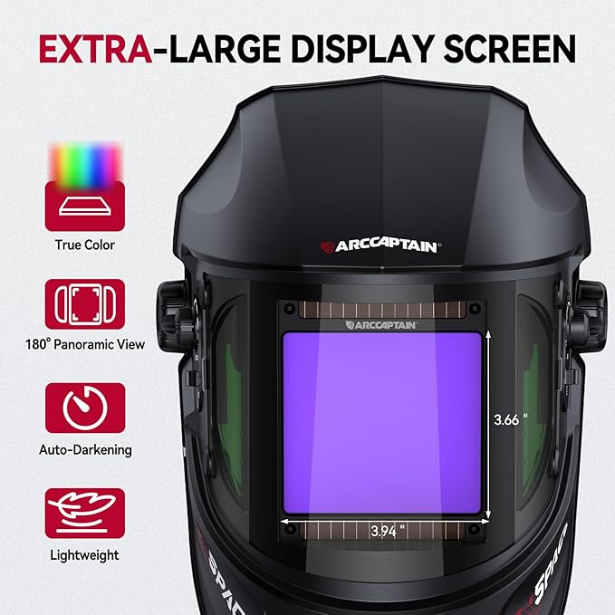 ARCCAPTAIN Auto Darkening Welding Helmet with Side View, 180° Panoramic View, 1/1/1/1 True Color Large Viewing Welding Hood with 4 Arc Sensor Solar Powered, Wide Shade 4/5-9/9-13 for TIG MIG ARC CUT