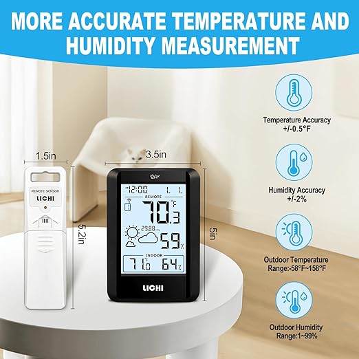 Indoor Outdoor Thermometer Wireless Weather Station Inside Outside Thermometers Hygrometer Monitor,with 330ft Range Remote Sensor, Battery Powered Backlight Display